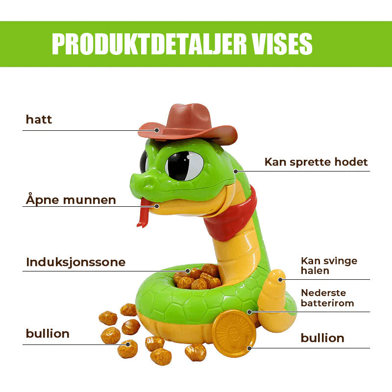 Elektrisk klapperslangeleke i fargerik plast, med realistisk lyd og cowboydesign, for spennende eventyr og moro hjemme.