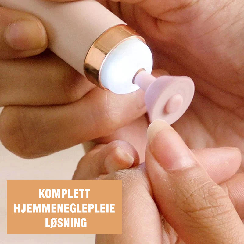 "Elektrisk manikyrsett med ergonomisk, slankt design. Inkluderer 5 utskiftbare hoder for enkel neglepleie."