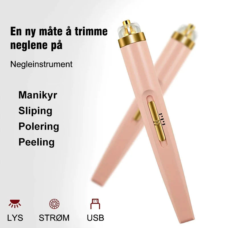 "Elektrisk manikyrsett med ergonomisk, slankt design. Inkluderer 5 utskiftbare hoder for enkel neglepleie."