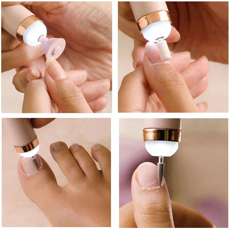 "Elektrisk manikyrsett med ergonomisk, slankt design. Inkluderer 5 utskiftbare hoder for enkel neglepleie."