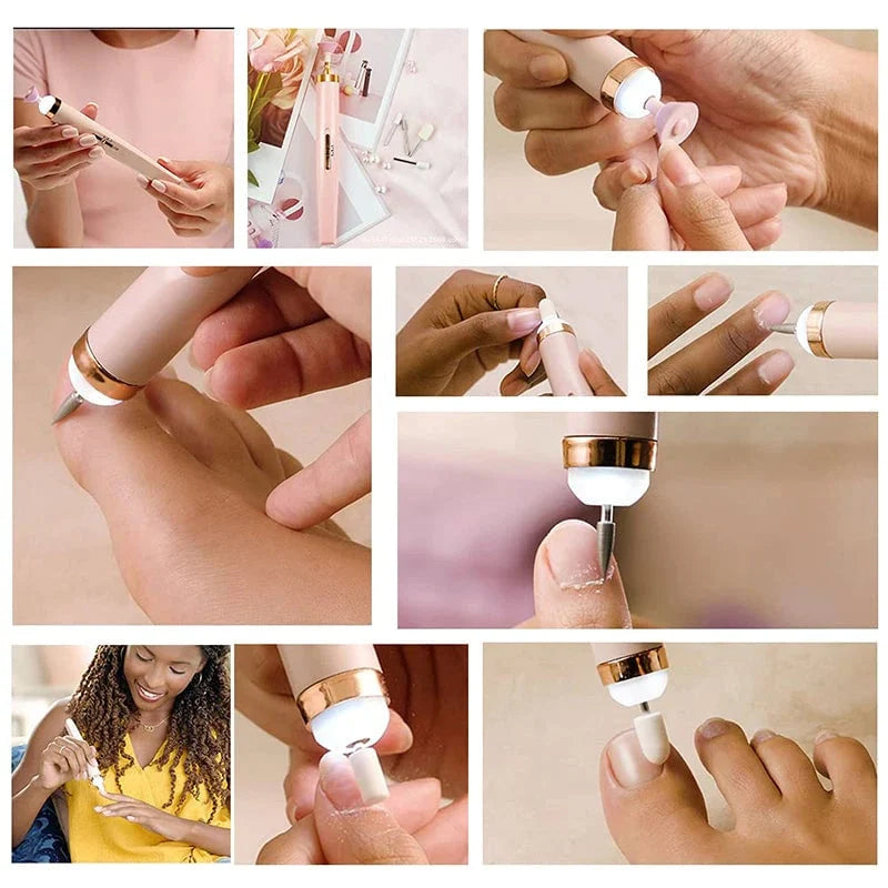 "Elektrisk manikyrsett med ergonomisk, slankt design. Inkluderer 5 utskiftbare hoder for enkel neglepleie."
