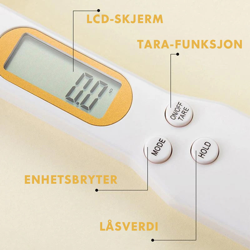 "Elektronisk måleskje med digital skjerm, hvit og svart design, perfekt for presise porsjonsmålinger i kjøkkenet."