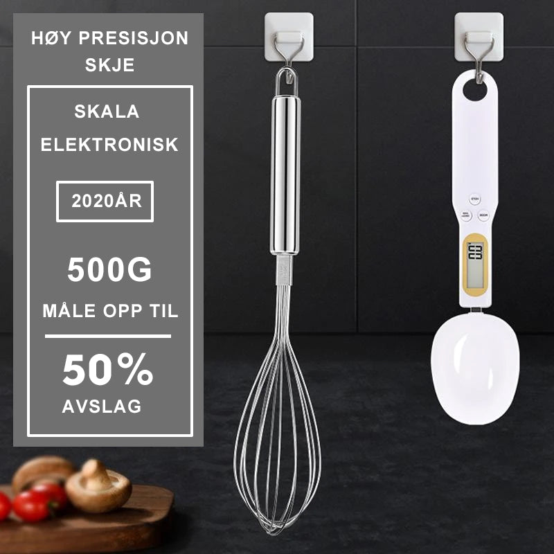 "Elektronisk måleskje med digital skjerm, hvit og svart design, perfekt for presise porsjonsmålinger i kjøkkenet."