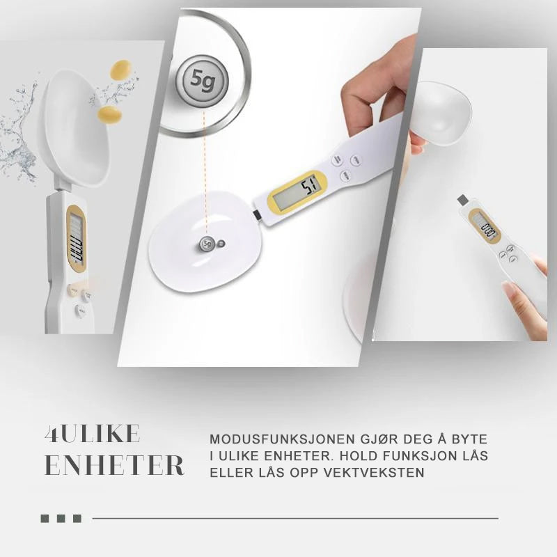 "Elektronisk måleskje med digital skjerm, hvit og svart design, perfekt for presise porsjonsmålinger i kjøkkenet."
