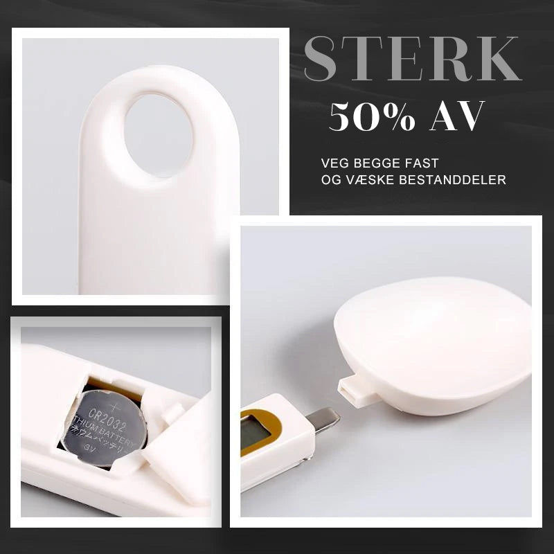 "Elektronisk måleskje med digital skjerm, hvit og svart design, perfekt for presise porsjonsmålinger i kjøkkenet."