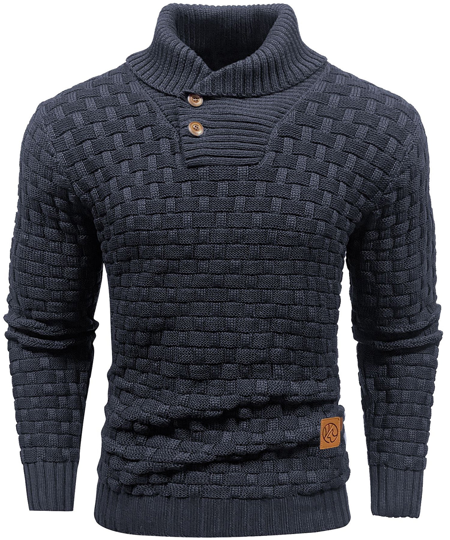Komfortabel herregenser med unik design, høy krage og moderne strikk. Ideell for uformelle antrekk.