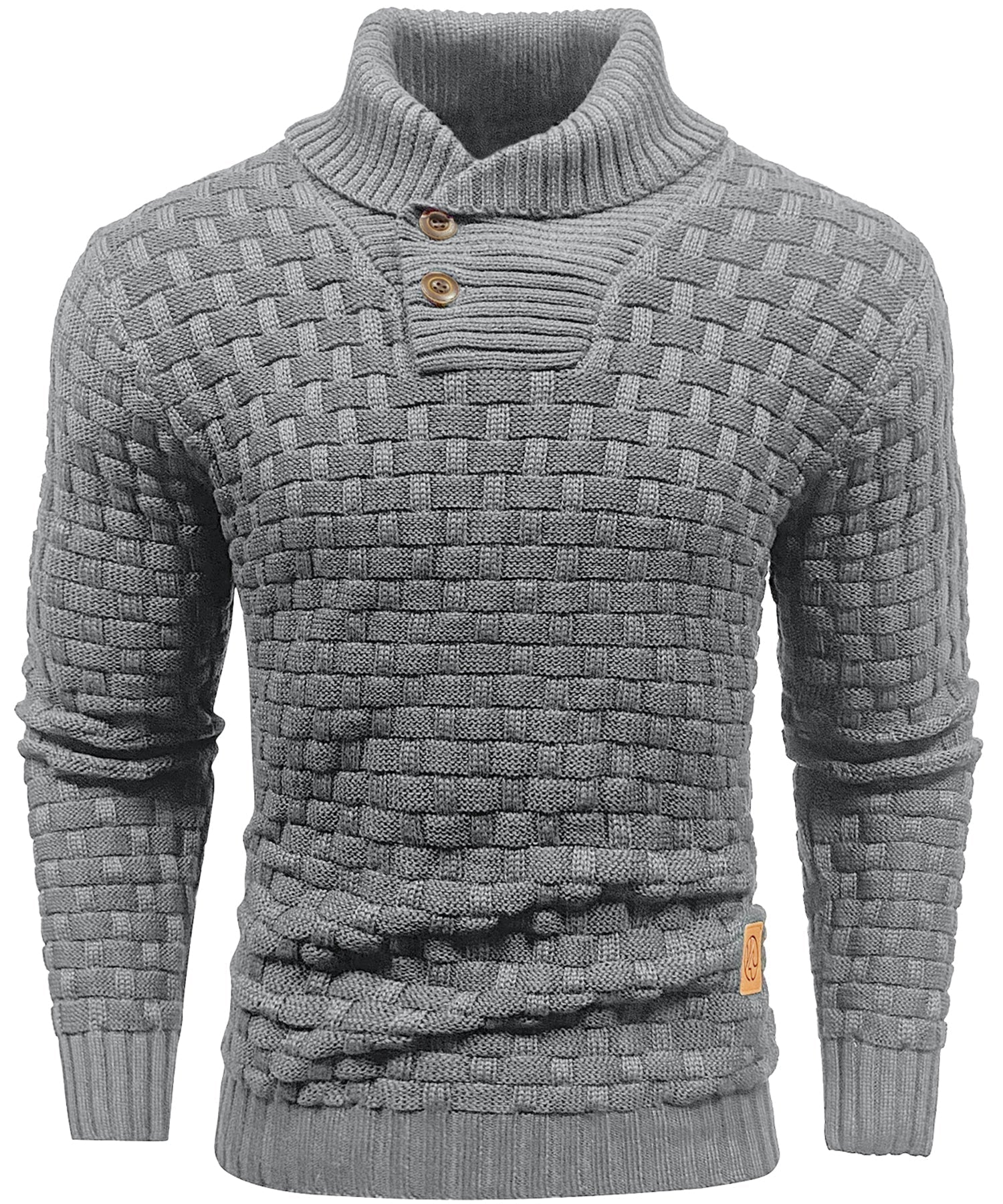 Teksturert strikket herrepullover med høy krage. En varm og stilfull genser for kalde dager.