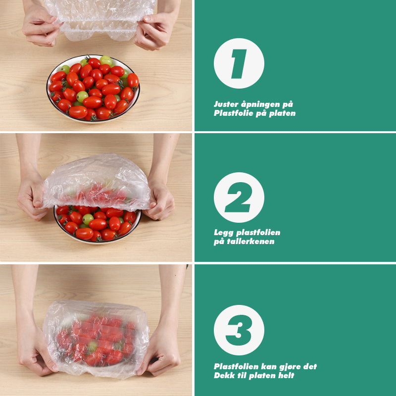 "Engangs plastdeksel for matbeskyttelse, gjennomsiktig med elastisk bånd, passer serviser 25 cm diameter."