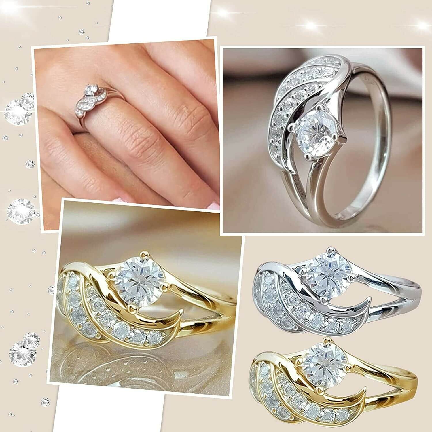 Elegant gullbelagt ring med englevingemotiv og blendende cubic zirconia, en gave av håp og beskyttelse.