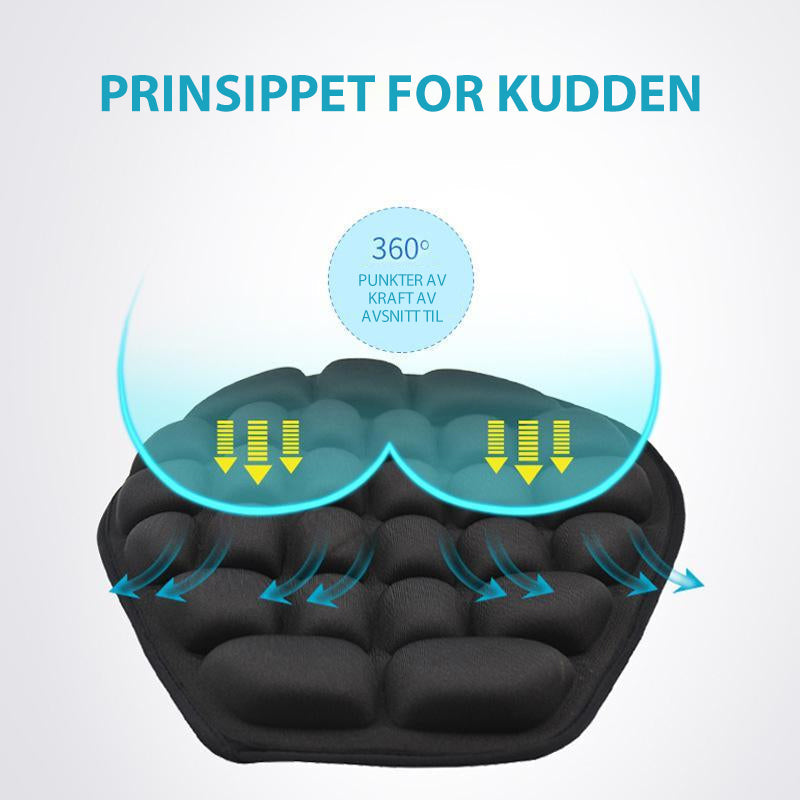 "Ergonomisk 3D-motorsykkelpute, svart flercelledesign, optimal komfort og vibrasjonsdemping for langdistansekjøring."