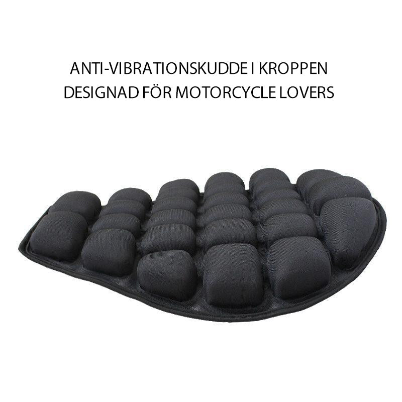 "Ergonomisk 3D-motorsykkelpute, svart flercelledesign, optimal komfort og vibrasjonsdemping for langdistansekjøring."