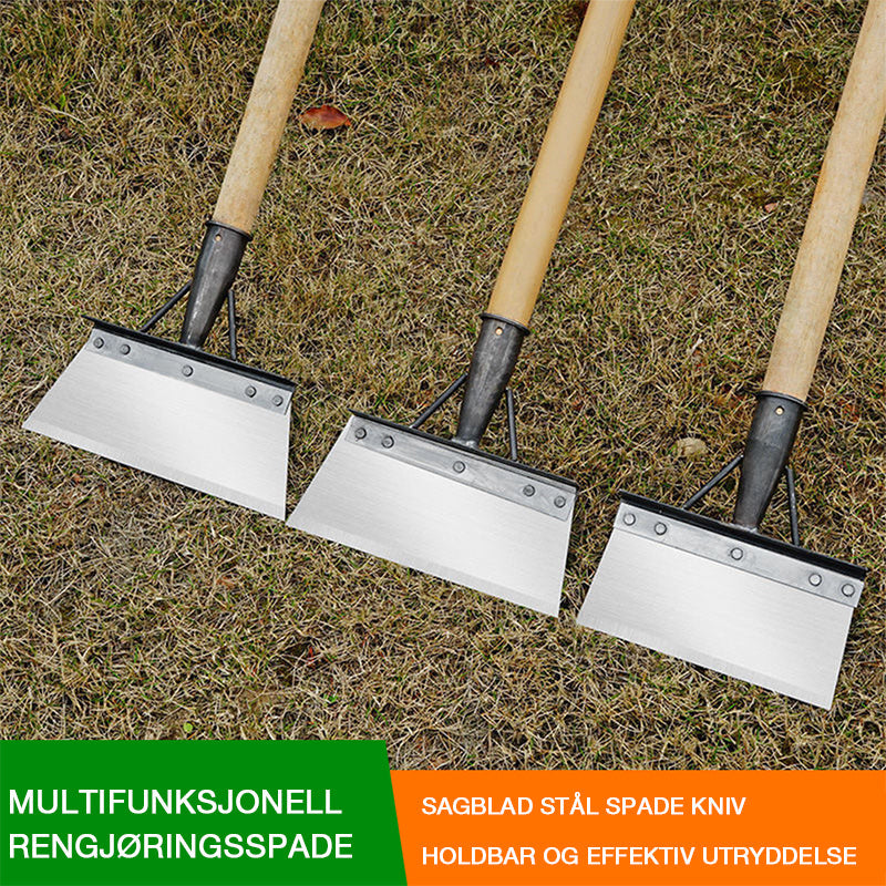 "Ergonomisk multifunksjonell rengjøringsspade i rustfritt stål for effektiv luking, sølvfarget, ideell til hagearbeid."