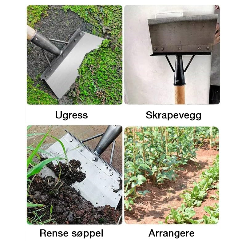 "Ergonomisk multifunksjonell rengjøringsspade i rustfritt stål for effektiv luking, sølvfarget, ideell til hagearbeid."