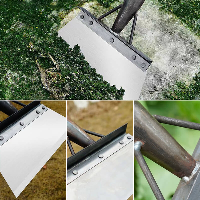 "Ergonomisk multifunksjonell rengjøringsspade i rustfritt stål for effektiv luking, sølvfarget, ideell til hagearbeid."