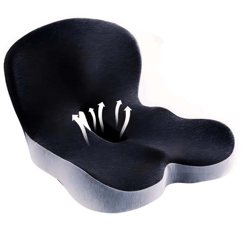 Profil av ergonomisk sittepute, viser konturert design for optimal sittestilling og trykkavlastning.