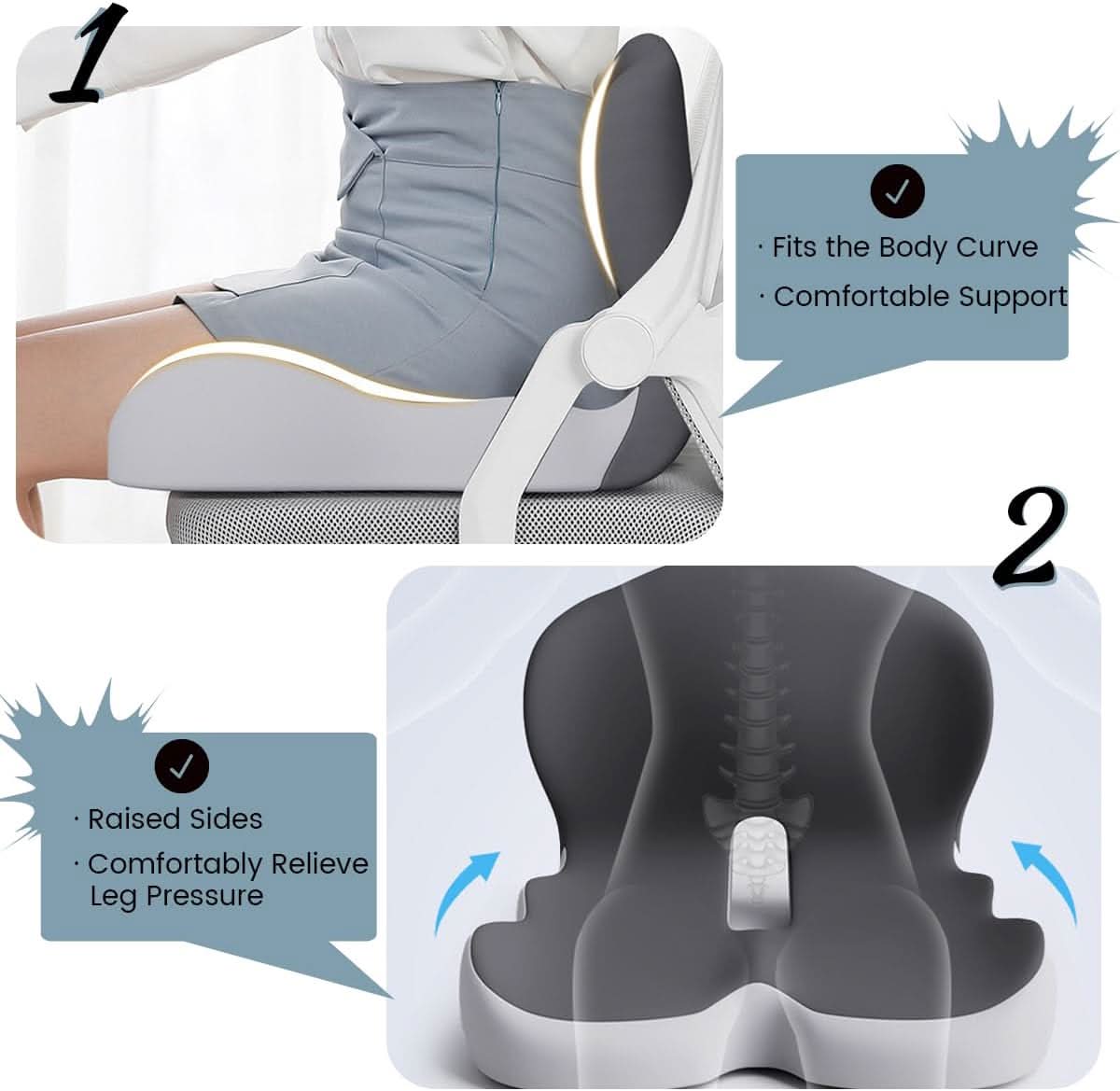 Myk memory foam sittepute for forbedret komfort; reduserer trykk og fremmer sunn sittestilling.
