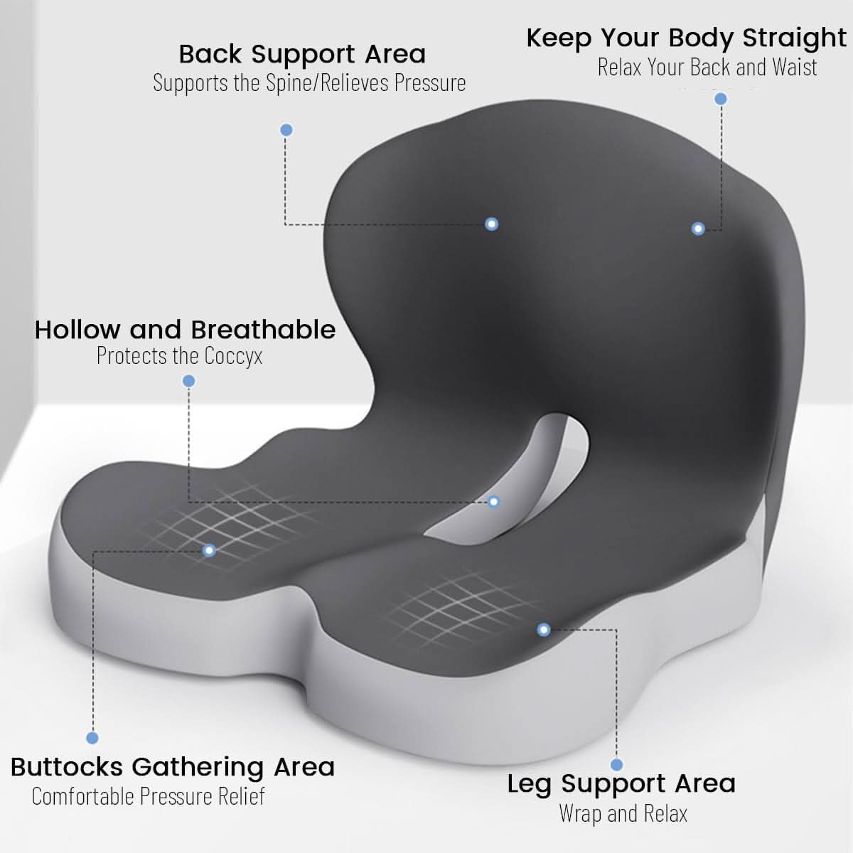 Multifunksjonell ergonomisk sittepute for hjem, kontor og bil; gir langvarig komfort og støtte.