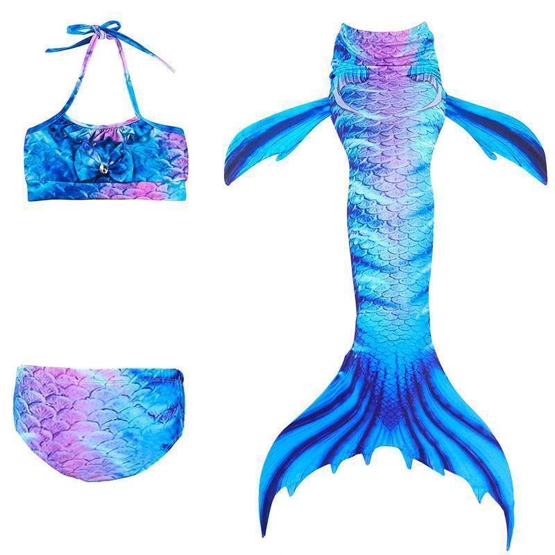 "Fantasifull havfrue badedrakt for barn, flerfarget design med topp, shorts og fiskehale, perfekt for svømming og cosplay."
