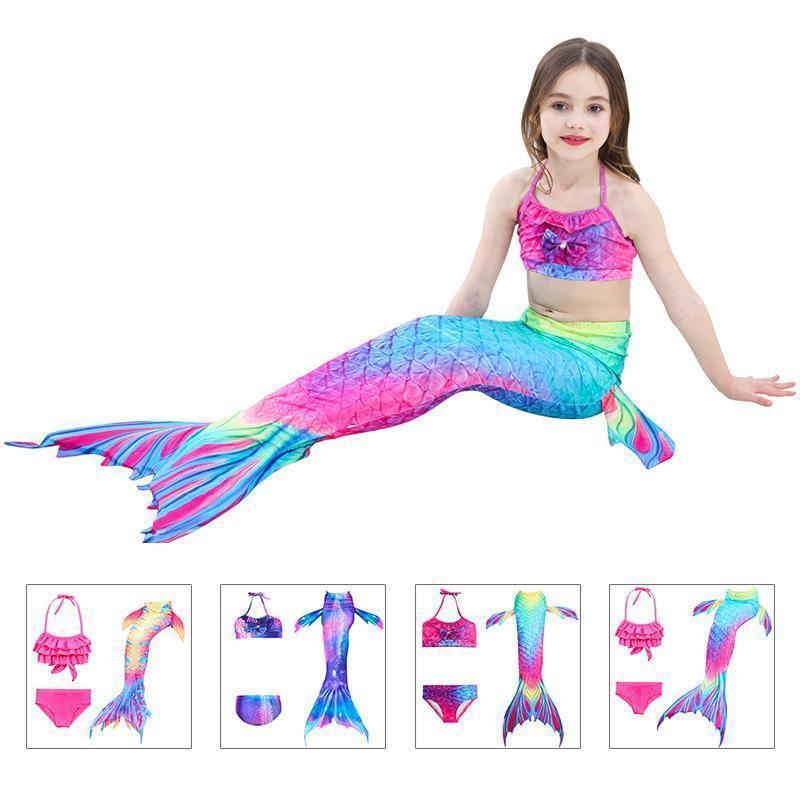 "Fantasifull havfrue badedrakt for barn, flerfarget design med topp, shorts og fiskehale, perfekt for svømming og cosplay."