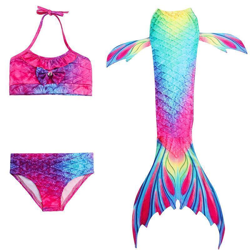"Fantasifull havfrue badedrakt for barn, flerfarget design med topp, shorts og fiskehale, perfekt for svømming og cosplay."
