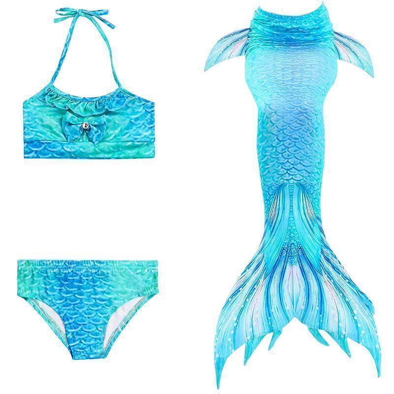 "Fantasifull havfrue badedrakt for barn, flerfarget design med topp, shorts og fiskehale, perfekt for svømming og cosplay."