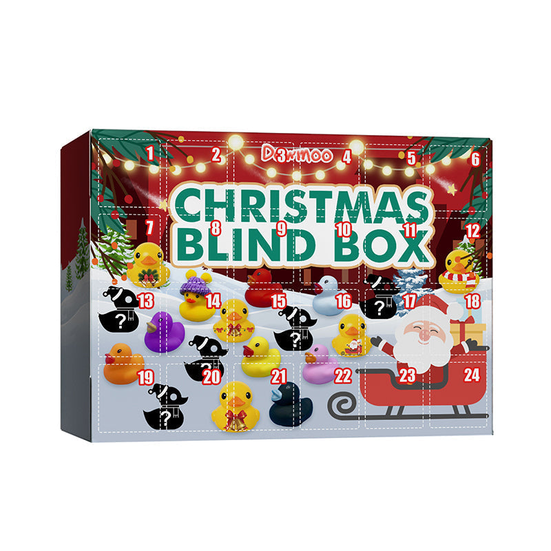 "Fargerik adventskalender med 24 gummi-ender i juletema for barn, perfekt for å skape spennende julestemning."