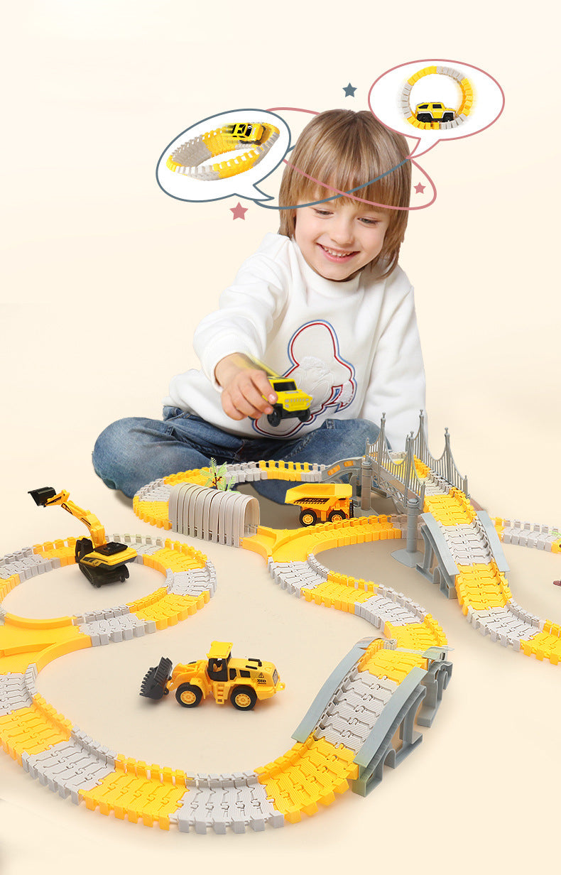 Fargerik bilbane med svinger, ramper og tunneler. Perfekt for kreativ lek og utvikling av barns ferdigheter.