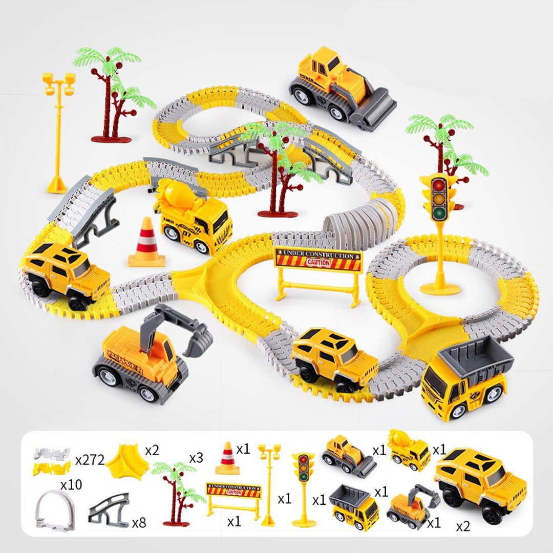 Fargerik bilbane med svinger, ramper og tunneler. Perfekt for kreativ lek og utvikling av barns ferdigheter.