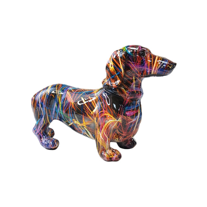 Fargerik dachshundfigur i lekende design. Perfekt moderne dyrefigur og dekorasjon for hjem og stue.