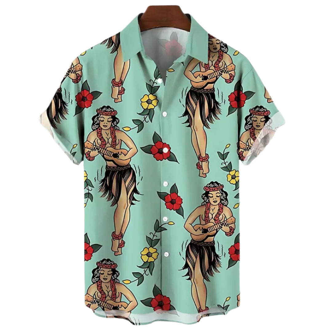 Fargerik herre luau skjorte, lett og luftig mønstret hawaiiskjorte. Ideell for avslappet sommerstil.