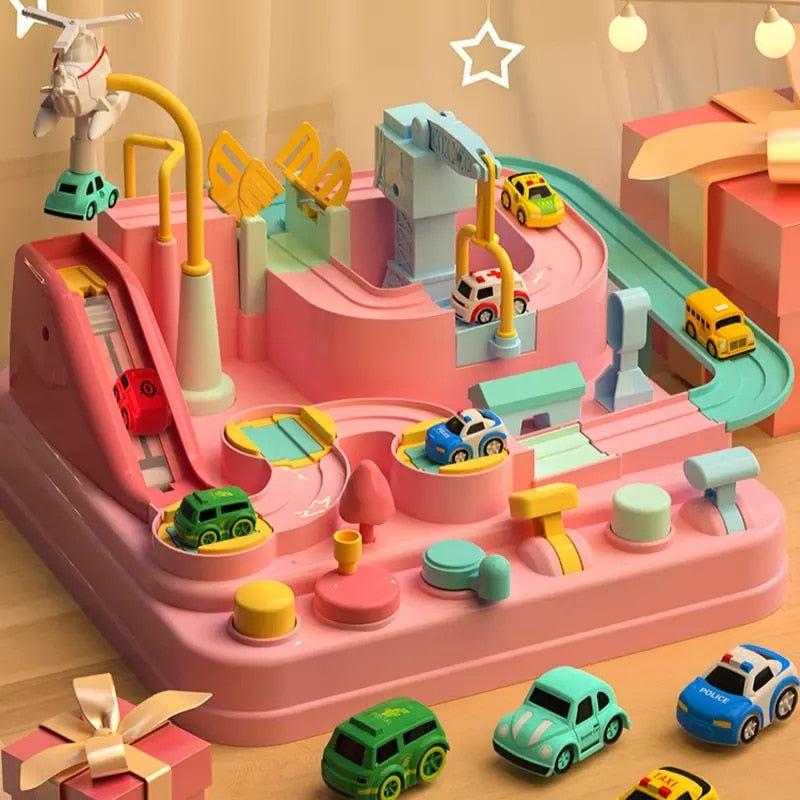 "Fargerik lekebil for barn, Car Adventure™, forbedrer kognitive ferdigheter, tilgjengelig i lyse farger som blå og rosa."
