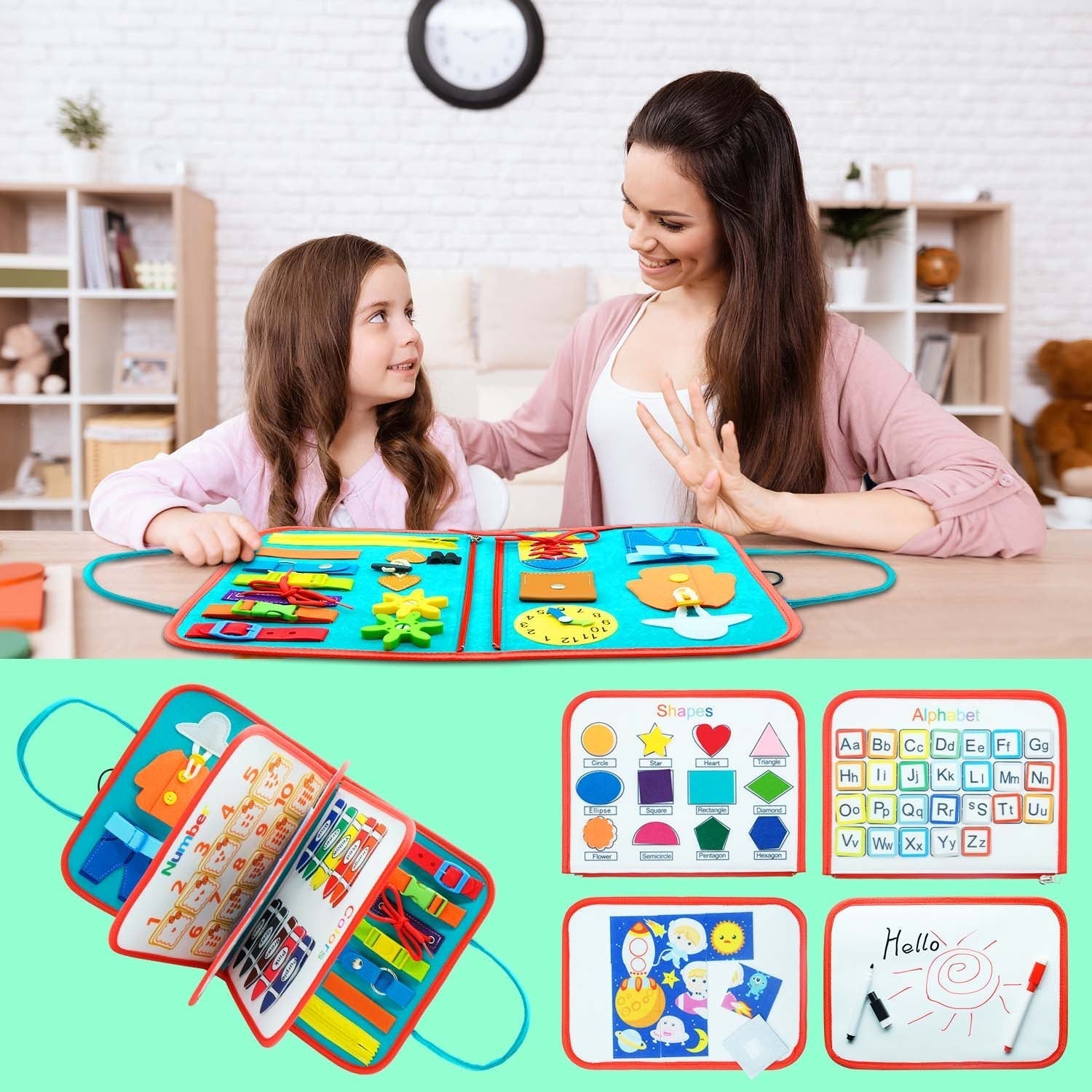 "Fargerik Montessori-sansebok for småbarn med ulike teksturer, fremmer læring, finmotorikk og sanseutvikling."