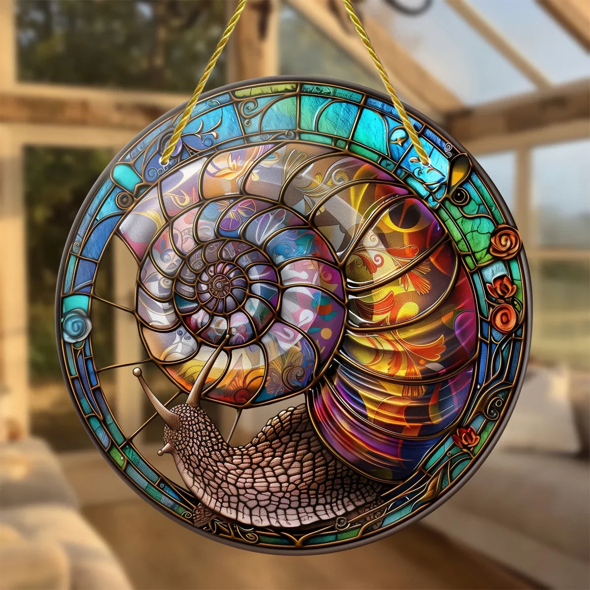 Håndlaget fargerik glasskunst solfanger, snegledesign, for interiør og utendørs dekorasjon.