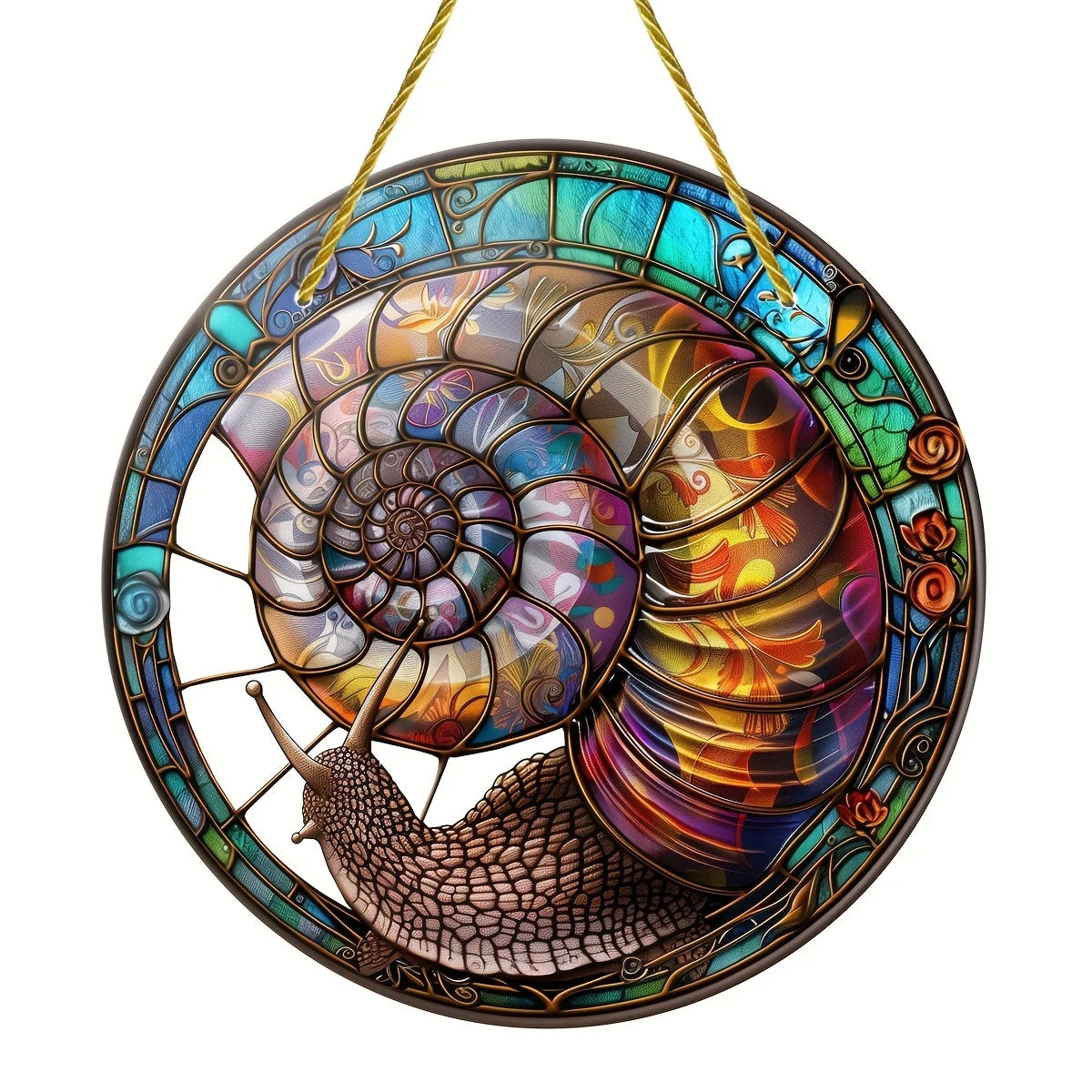 Nærbilde av snegledesign solfanger som fanger lyset og sprer fargerike regnbuer. Glasskunst.