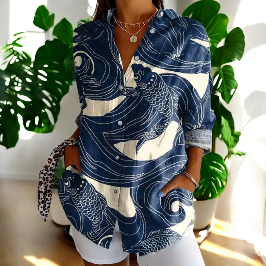Mønstret vintage bluse for kvinner i levende farger, en klassisk og allsidig skjorte.