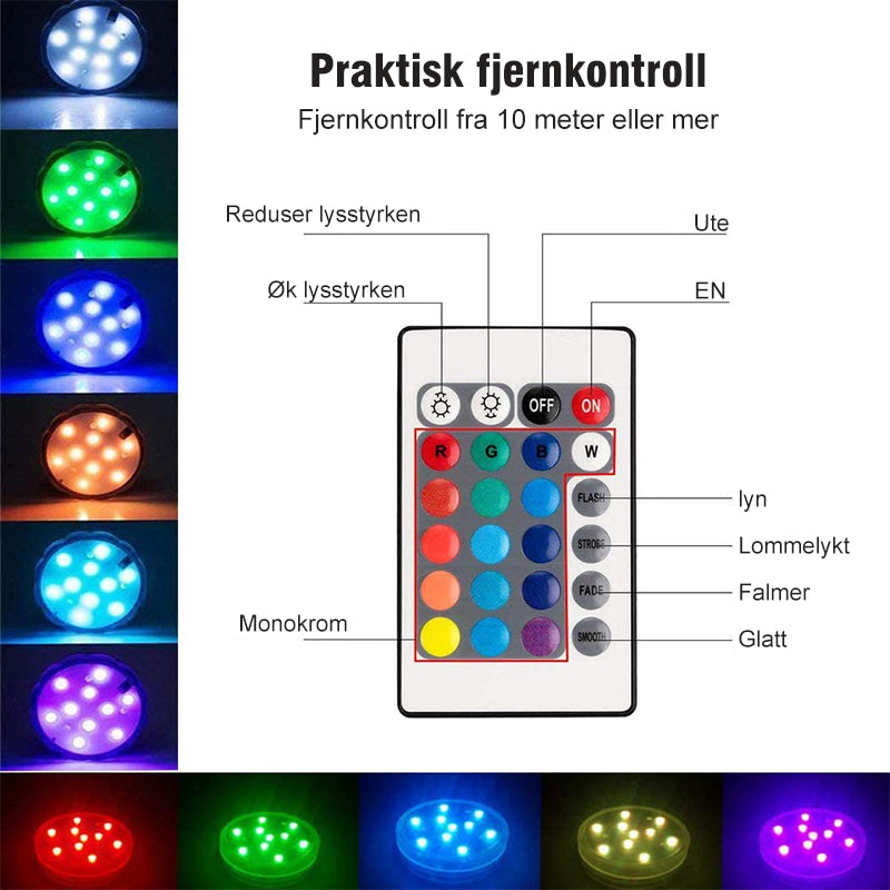 "Fargerike vanntette LED-svømmelys med fjernkontroll for bassengdekor, IP68-klassifisert, flerfarget belysning."