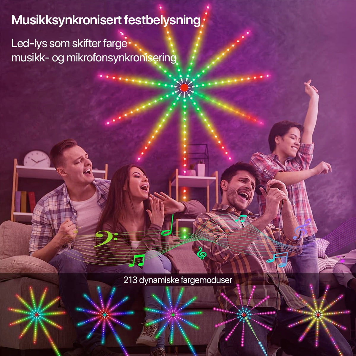 Stemningsfullt musikkstyrt LED-fyrverkerilys; perfekt dekorasjon til hjemmet