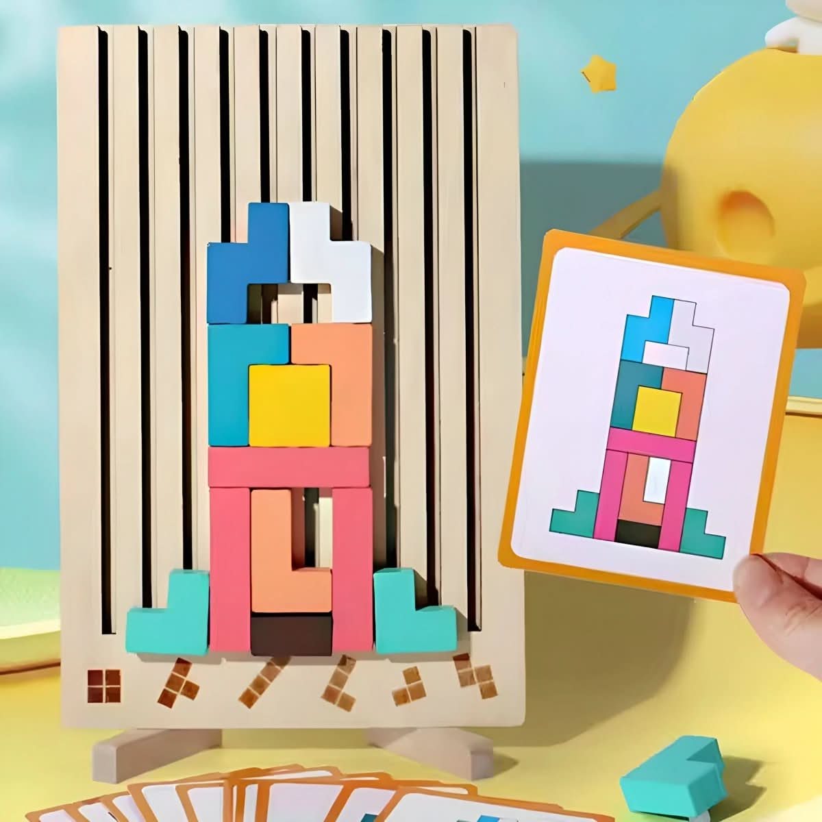 Komplett sett med stablespill i tre for barn, inspirerer til kreativ lek og læring.