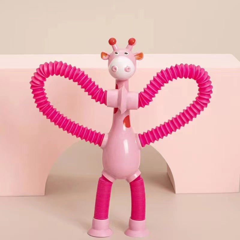 "Fargerikt teleskopisk giraffleketøy med sugekopp. Livlige farger som rosa, blå, lilla og gul, formbar og morsom for barn."