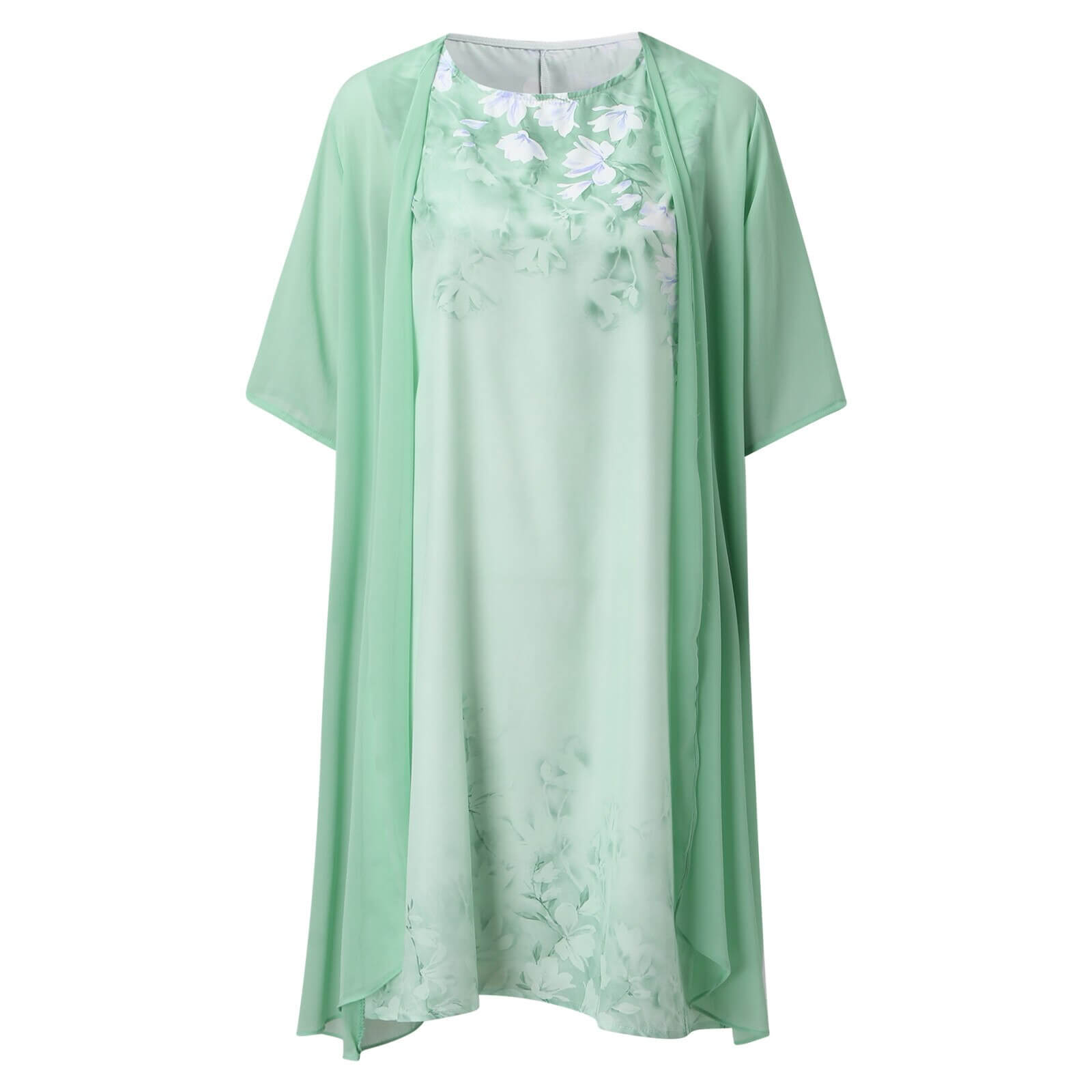 Feminin vårkjole med blomstertrykk. Elegant A-linje design, ermeløs, rund hals.