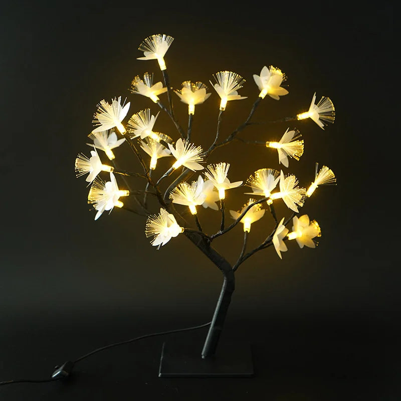 "Fiberoptisk blomsterlampe med bjørketre-design, USB/batteri, roseformede blomster, varm lysglød for magisk atmosfære."