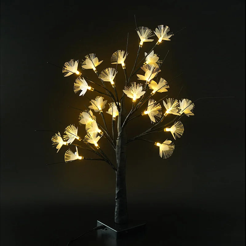 "Fiberoptisk blomsterlampe med bjørketre-design, USB/batteri, roseformede blomster, varm lysglød for magisk atmosfære."