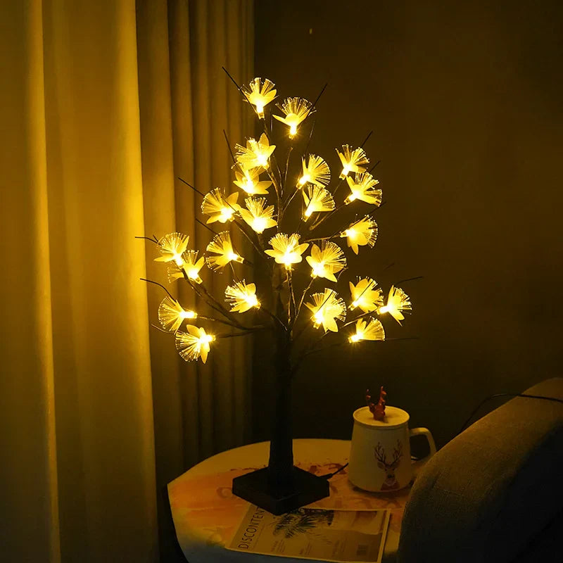 "Fiberoptisk blomsterlampe med bjørketre-design, USB/batteri, roseformede blomster, varm lysglød for magisk atmosfære."