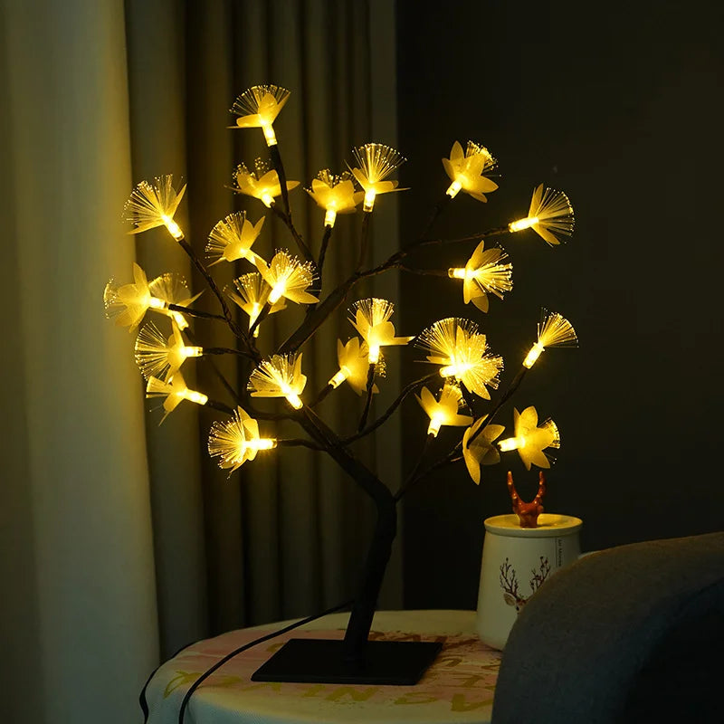 "Fiberoptisk blomsterlampe med bjørketre-design, USB/batteri, roseformede blomster, varm lysglød for magisk atmosfære."