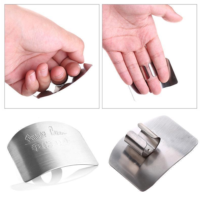 "Fingerbeskytter i rustfritt stål for sikker matlaging, elegant finish, justerbar størrelse, ergonomisk design."