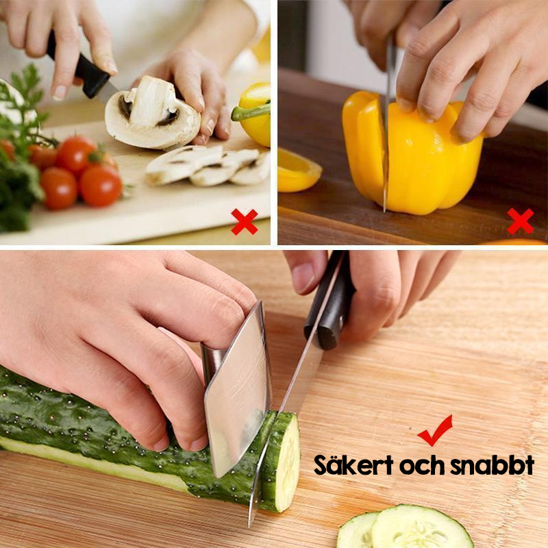 "Fingerbeskytter i rustfritt stål for sikker matlaging, elegant finish, justerbar størrelse, ergonomisk design."