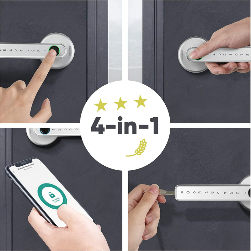 "FingerLocker elektronisk romlås med fingeravtrykk, svart variant, elegant minimalistisk design for moderne hjem."