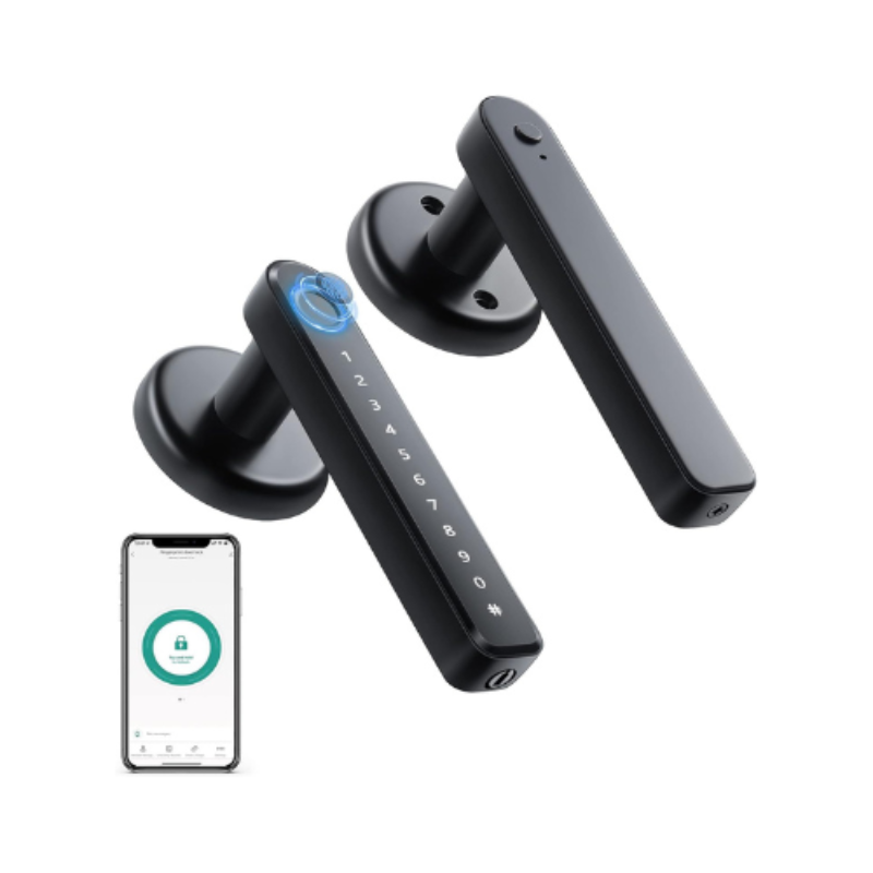 "FingerLocker elektronisk romlås med fingeravtrykk, svart variant, elegant minimalistisk design for moderne hjem."