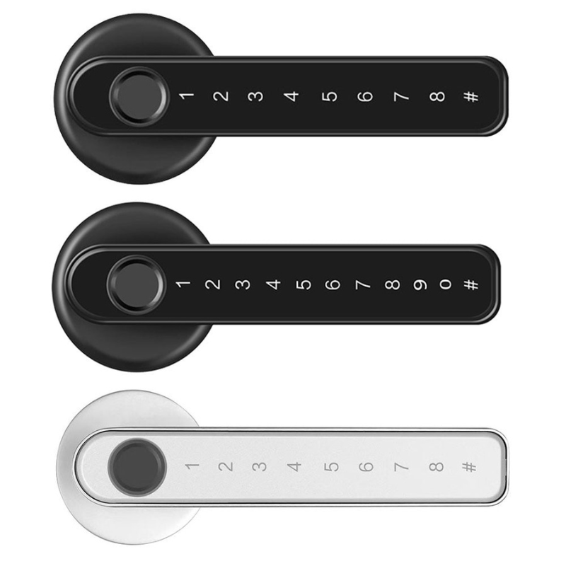 "FingerLocker elektronisk romlås med fingeravtrykk, svart variant, elegant minimalistisk design for moderne hjem."