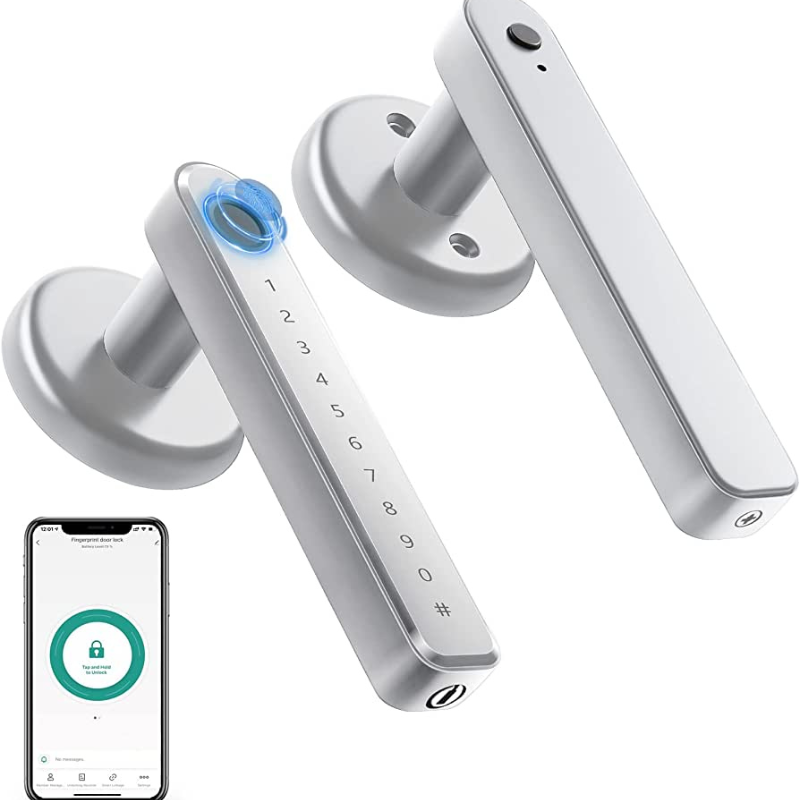 "FingerLocker elektronisk romlås med fingeravtrykk, svart variant, elegant minimalistisk design for moderne hjem."